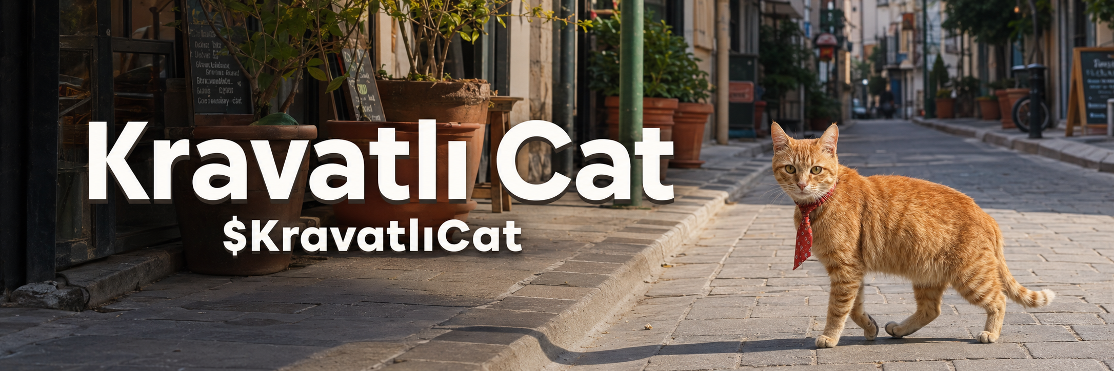 Kravatlı Cat banner: an orange tabby street cat wearing a narrow red necktie walking along an İzmir side street lined with terracotta flowerpots.